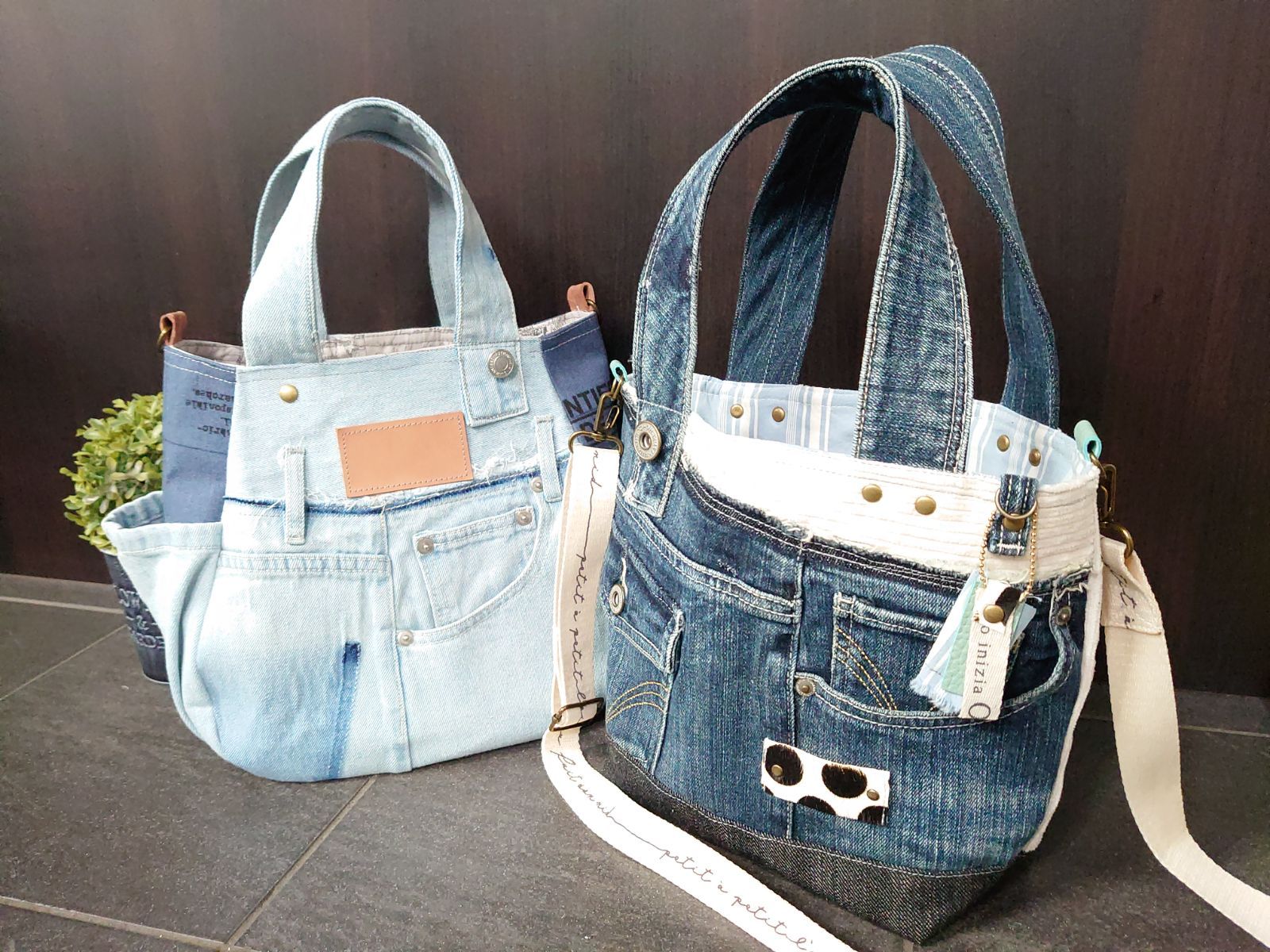 No181【DENIM✖️whiteコーデュロイBAG❤️】デニムリメイクトート-