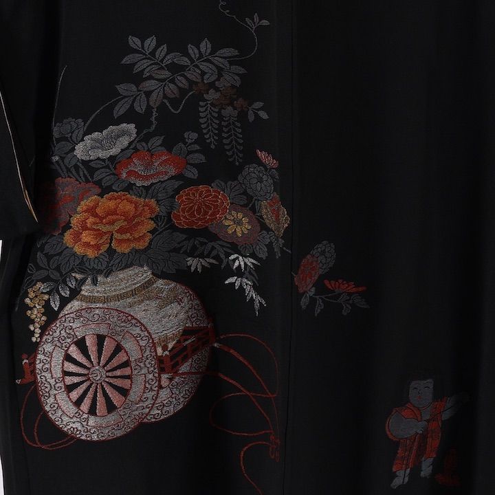 羽織 黒 一つ紋 ヒシニハナビシ 縫い紋 463 - 着物、浴衣