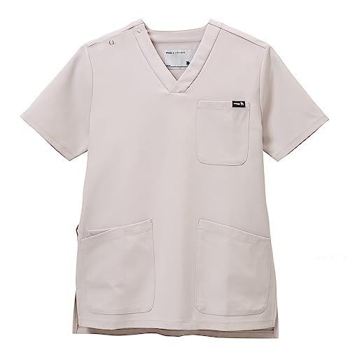 SS_ライトグレー [アンファミエ] moz ロゴ付き スクラブ なめらか ストレッチ 肩スナップ 男女兼用 形態安定 看護 介護 SS ライトグレー