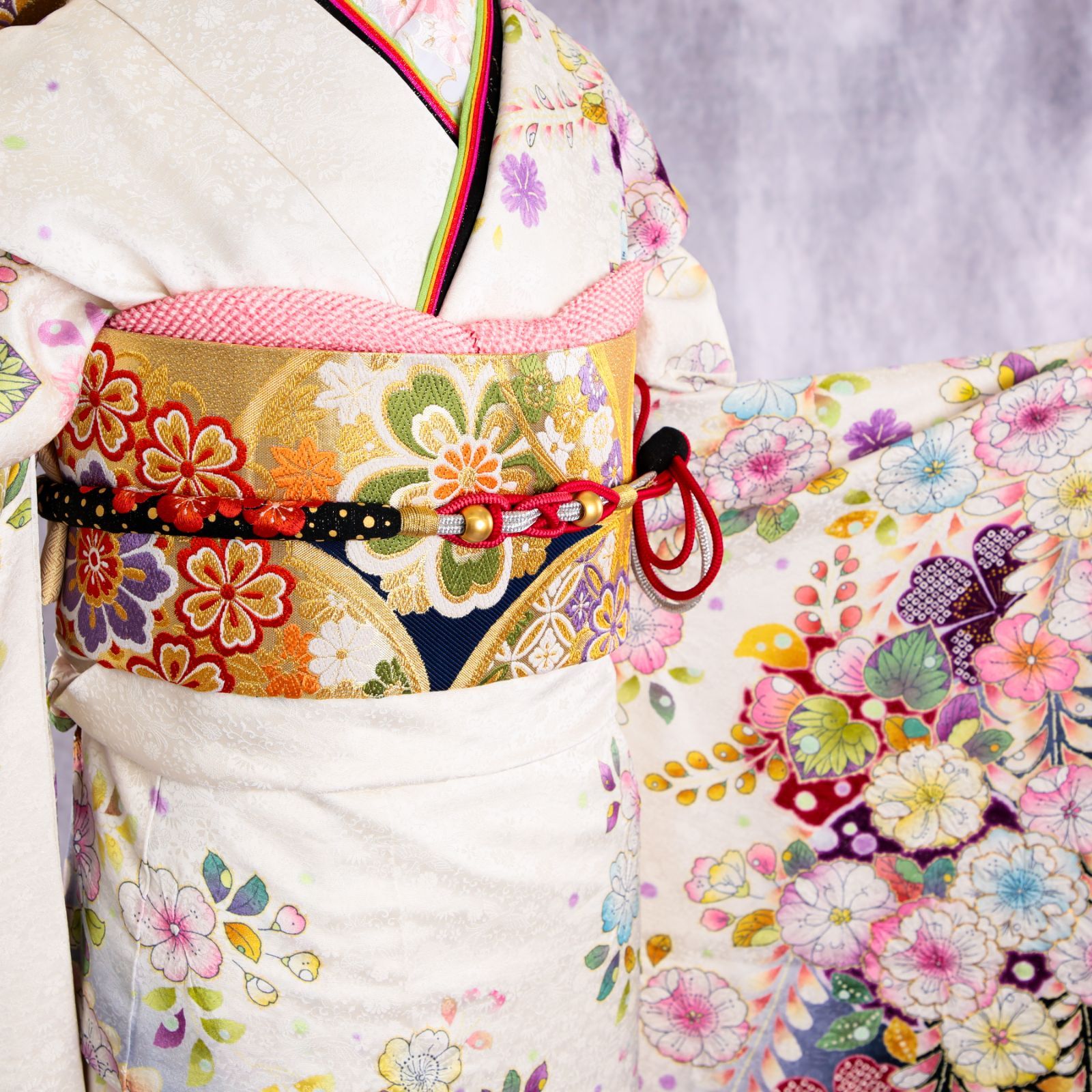 着物セット 身丈165cm 裄丈64cm S 袷 振袖フルセット 蝶 草花 金彩 ぼかし 赤 正絹 美品 秀品