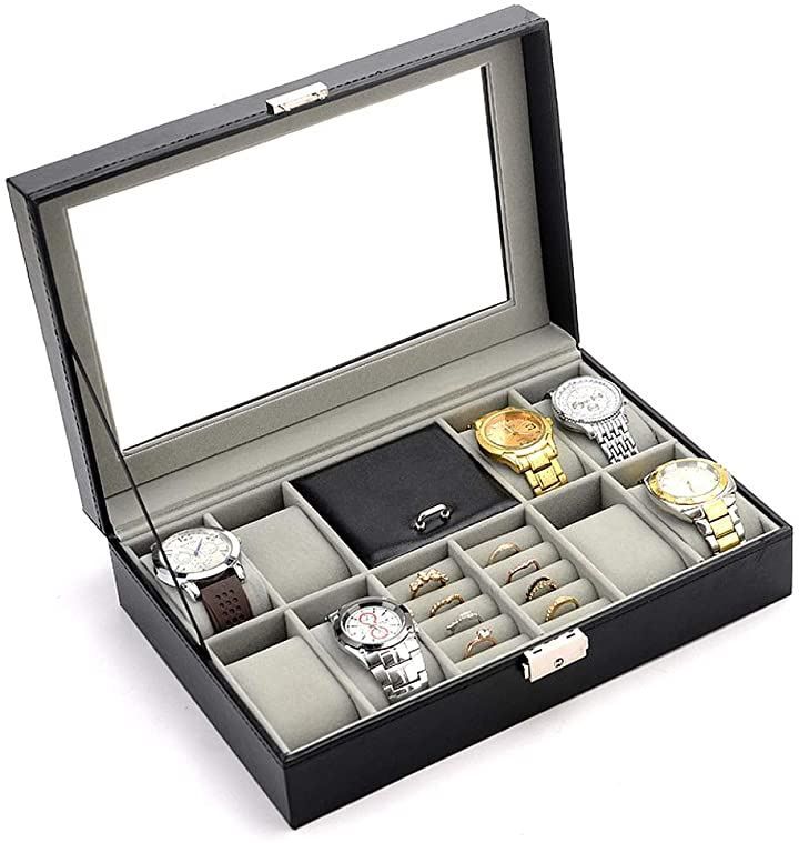 Anberotta ジュエリー 腕時計 ケース ボックス アクセサリー ウォッチ 8本用 小物入れ 指輪 リング 宝石箱 収納箱 ガラス付き コレクション AT12( ブラック)