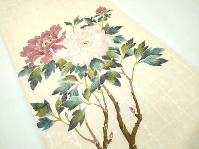 平和屋本店■極上　手描き友禅作家　腰原淳策　太鼓柄袋帯　刺繍　枝牡丹　金糸　逸品　CZAA2133s5 平和屋本店□極上 手描き友禅作家 腰原淳策 太鼓柄袋帯 刺繍 枝牡丹