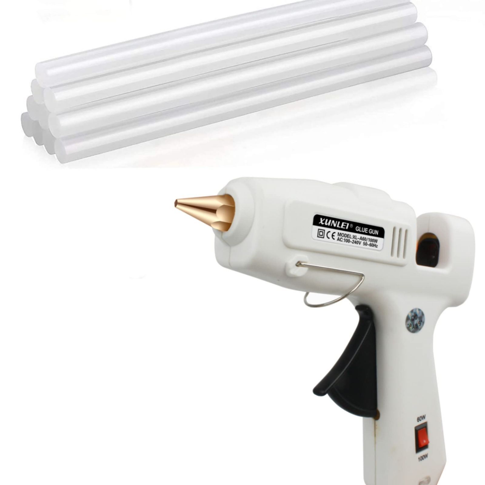 手芸用 60/100W DIY 強力粘着 プラスチック接着 温度調整 高温タイプ 金属接合 銅ノズル 作業用 陶器接合 ホットメルトガン グルースティック10本付き 超強力グルーガンキット プロ中大型 (ホワ