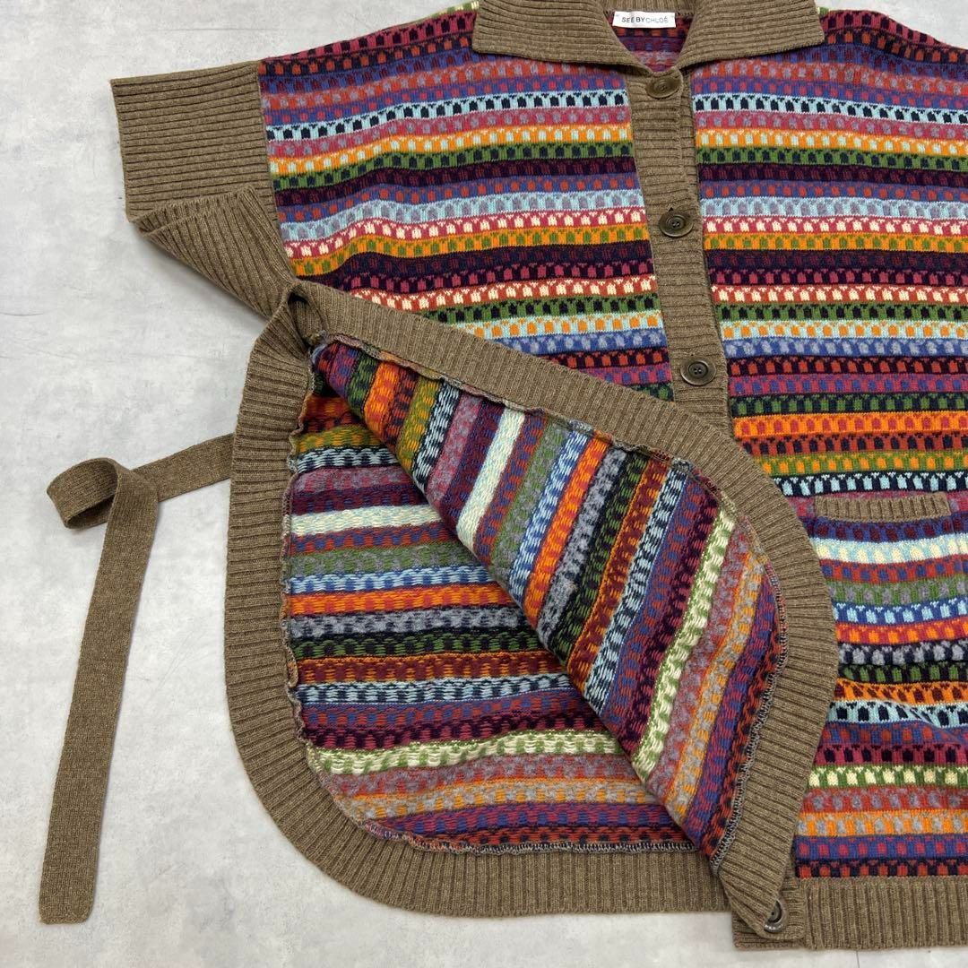  SEE BY CHLOE シーバイクロエ ニットポンチョ カーディガン 総柄 オーバーサイズ カシミヤ ウール マルチ 半袖 カーディガン ボレロ アンサンブル