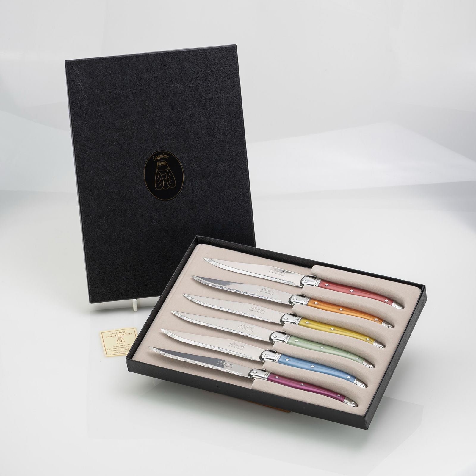 ラギオール Laguiole ステーキナイフ 6本セット カラフルハンドル 蜂モチーフ ケース付