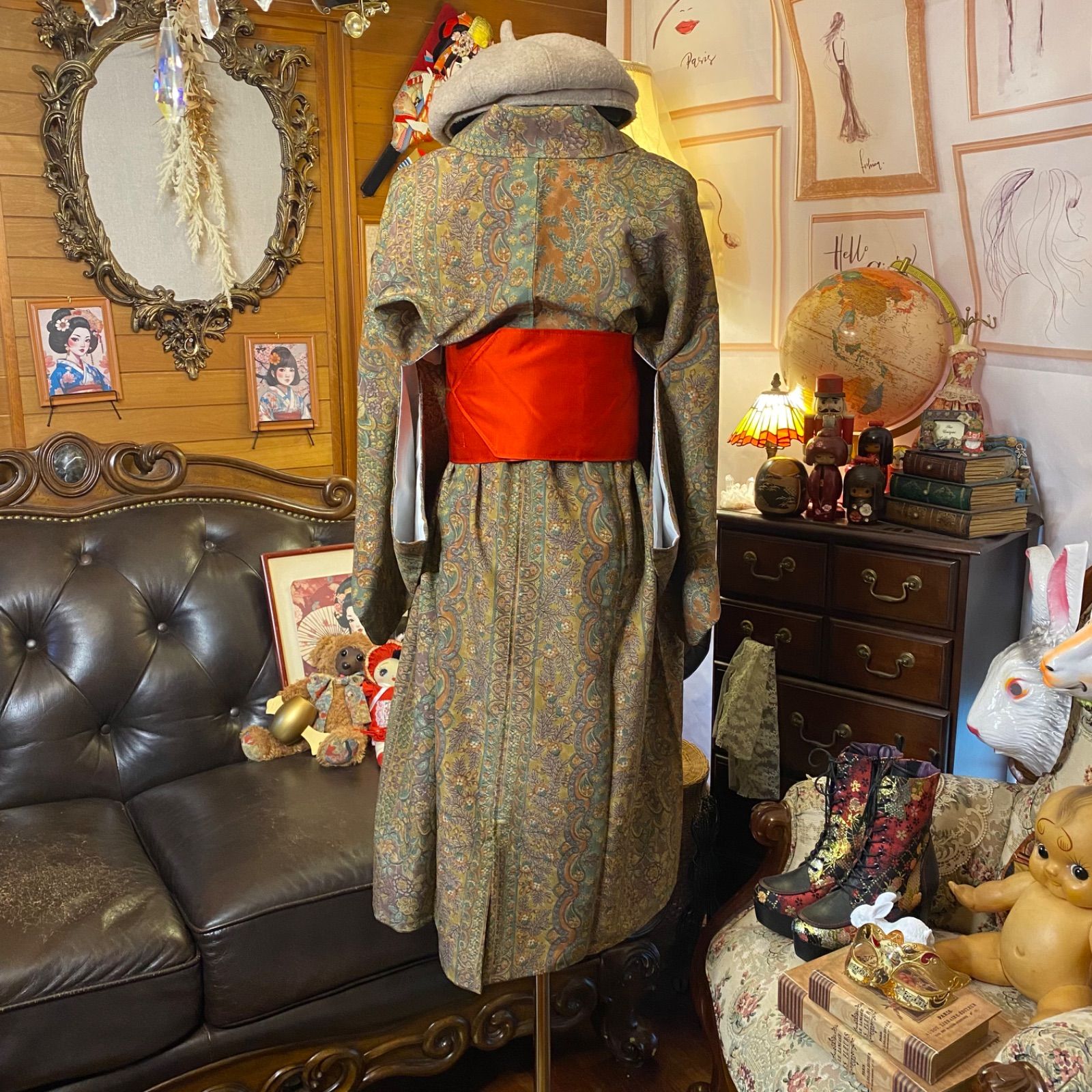 着物 リメイク ワンピース ドレス｜洗える 化繊 名古屋帯サッシュ  