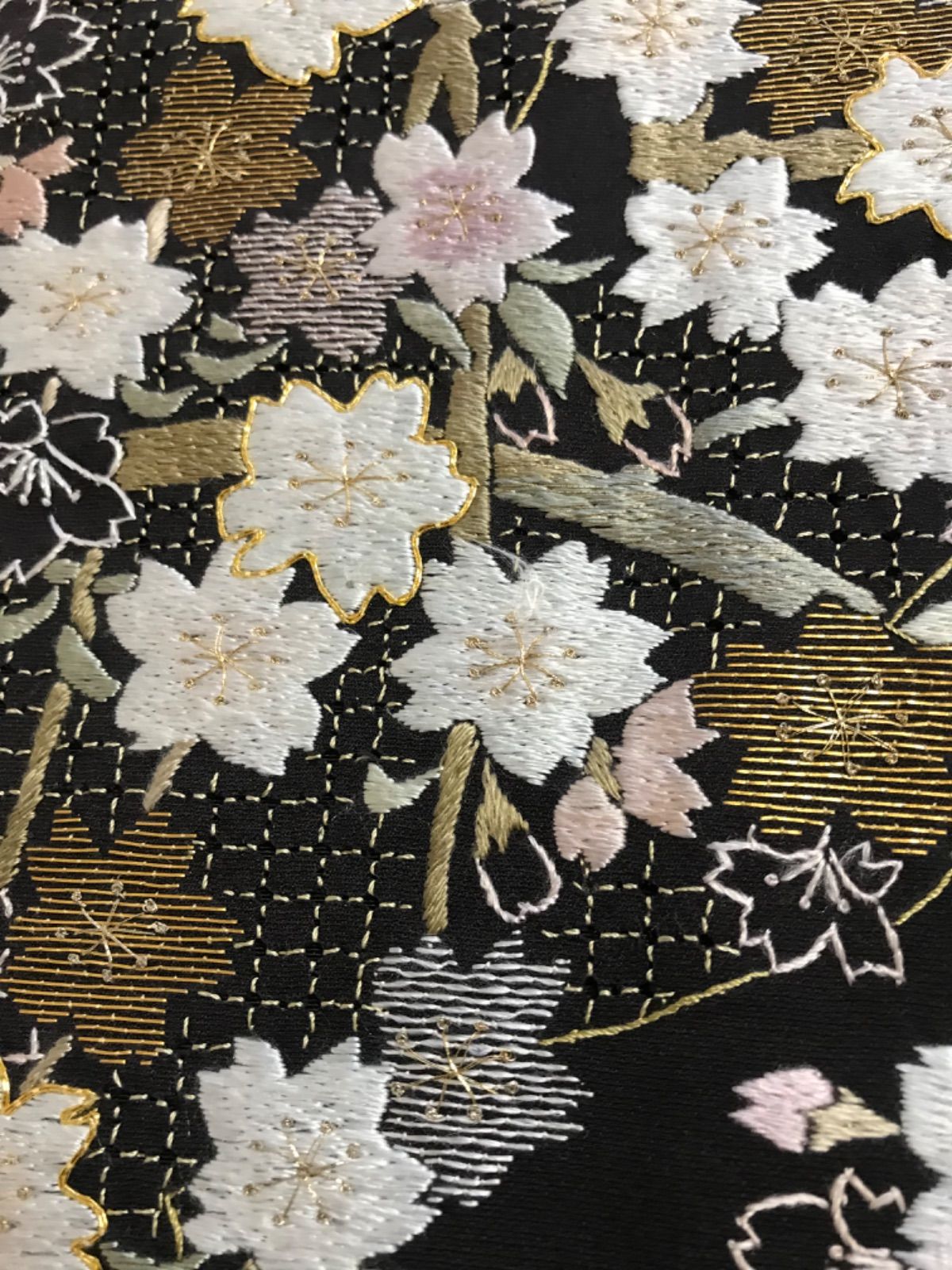 No.48総刺繍訪問着[蘇州刺繍汕頭刺繍]焦茶色地に桜 未使用　未仕立て