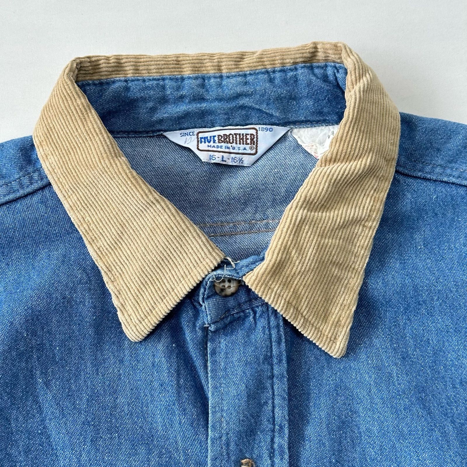 80s USA製 FIVE BROTHER コーデュロイ シャツ ビンテージ 70s USA製 ファイブブラザー デニムワークシャツ 襟コーデュロイ