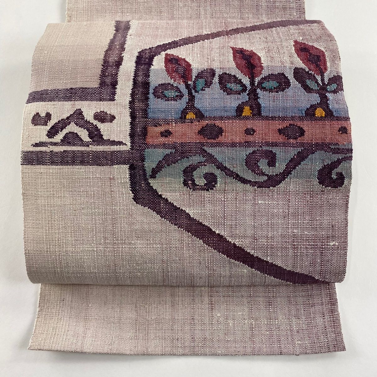 名古屋帯 美品 秀品 松葉仕立て 八寸名古屋帯 草花 幾何学模様 薄紫 