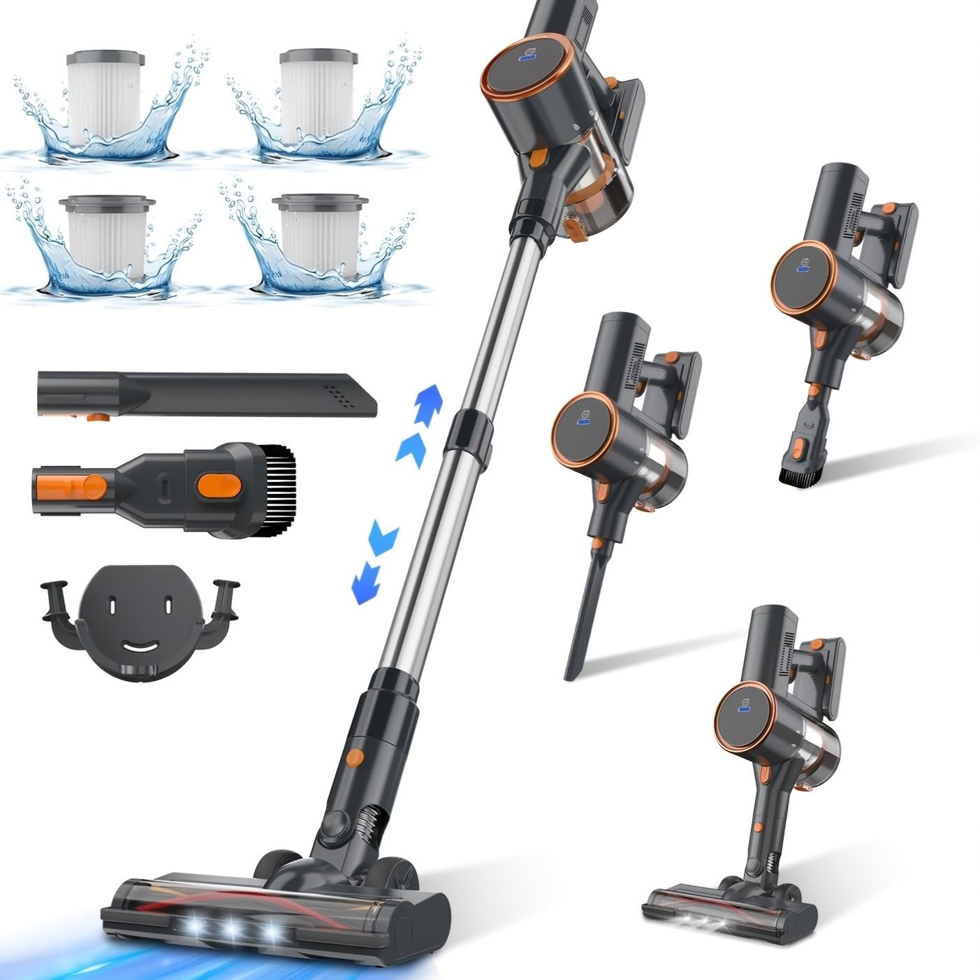 1セット 6 IN1 掃除機 コードレス 45000pa強力吸引 60分連続稼働 2way ハンディクリーナー LED液晶ディスプレイ 8段伸縮パイプ HEPA7重濾過 1L集塵 LEDライト搭載 着脱式バッテリー 壁掛け収納 2段吸引力モード 左右180°