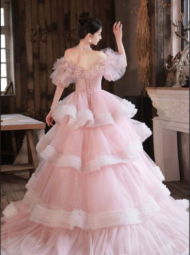  ピンク ワンショルダードレス 花飾り ケーキライン 感 ウェディング フォト パーティー ステージ イブニングドレス レディース 結婚式 ウェディングドレス ドレス ブライダル