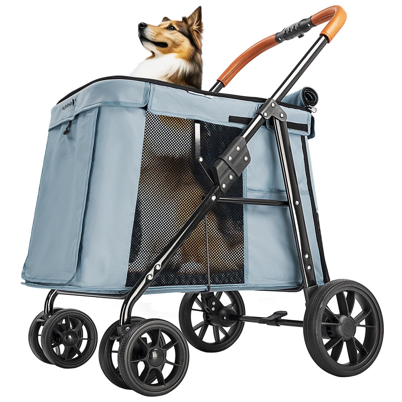 Joyfultails ペットカート 大型犬 中型犬 多頭用 ドッグカート ワンタッチ 折りたたみ式 耐荷重30KG 大空間 わんわんカート 低床型 乗り降りラクラク ペットバギー 4輪 前輪360°回転 後輪ブレーキ付き 犬用ベビーカー お出かけ 散歩 通院