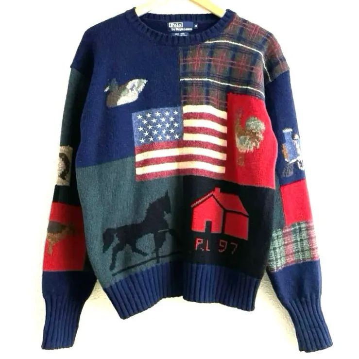 90s ヴィンテージ Polo by Ralph Lauren ポロ ラルフローレン フラッグ 星条旗 動物 馬 パッチワーク柄 ウール ニット セーター M