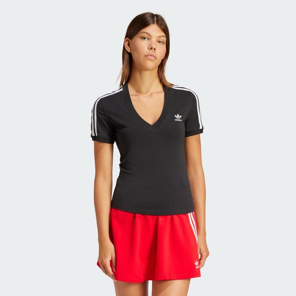 (アディダスオリジナルス) adidas Originals スリーストライプス Ｖネック スリム半袖Ｔシャツ レディース KMZ73 IU2416 WOMEN 3-STRIPES V‐NECK SLIM SHORT‐SLEEVE BLACK