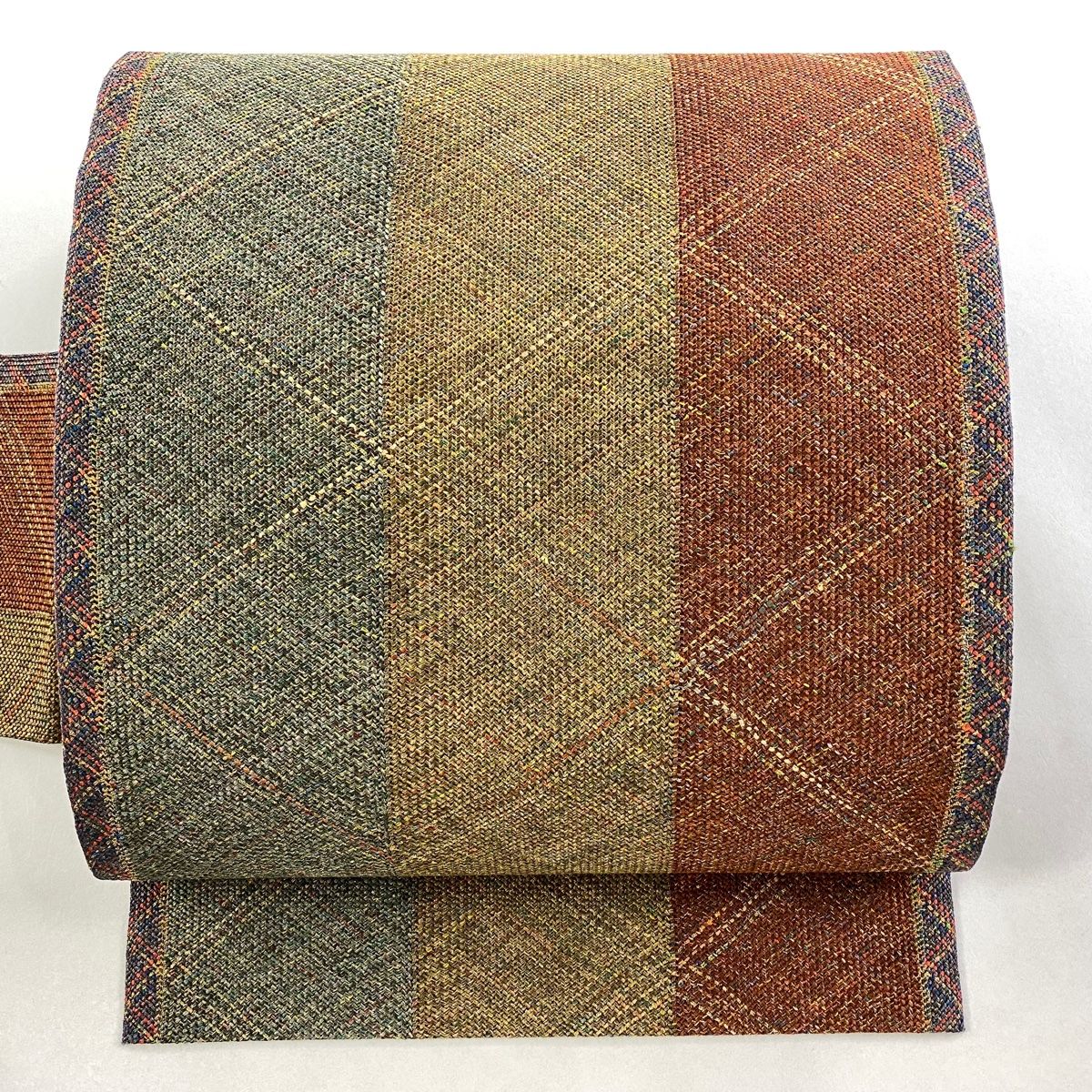 名古屋帯 秀品 斜め格子 金糸 赤茶 正絹