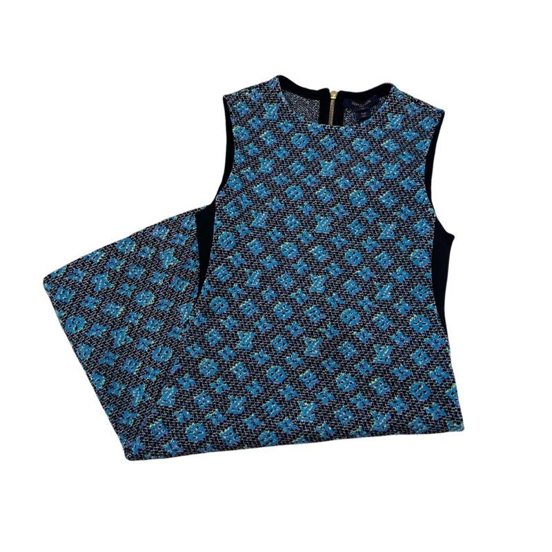 【美品】ルイヴィトン　シルクワンピース　ブルー　モノグラム　ノースリーブ ルイヴィトン LOUIS VUITTON モノグラム ワンピース シルク