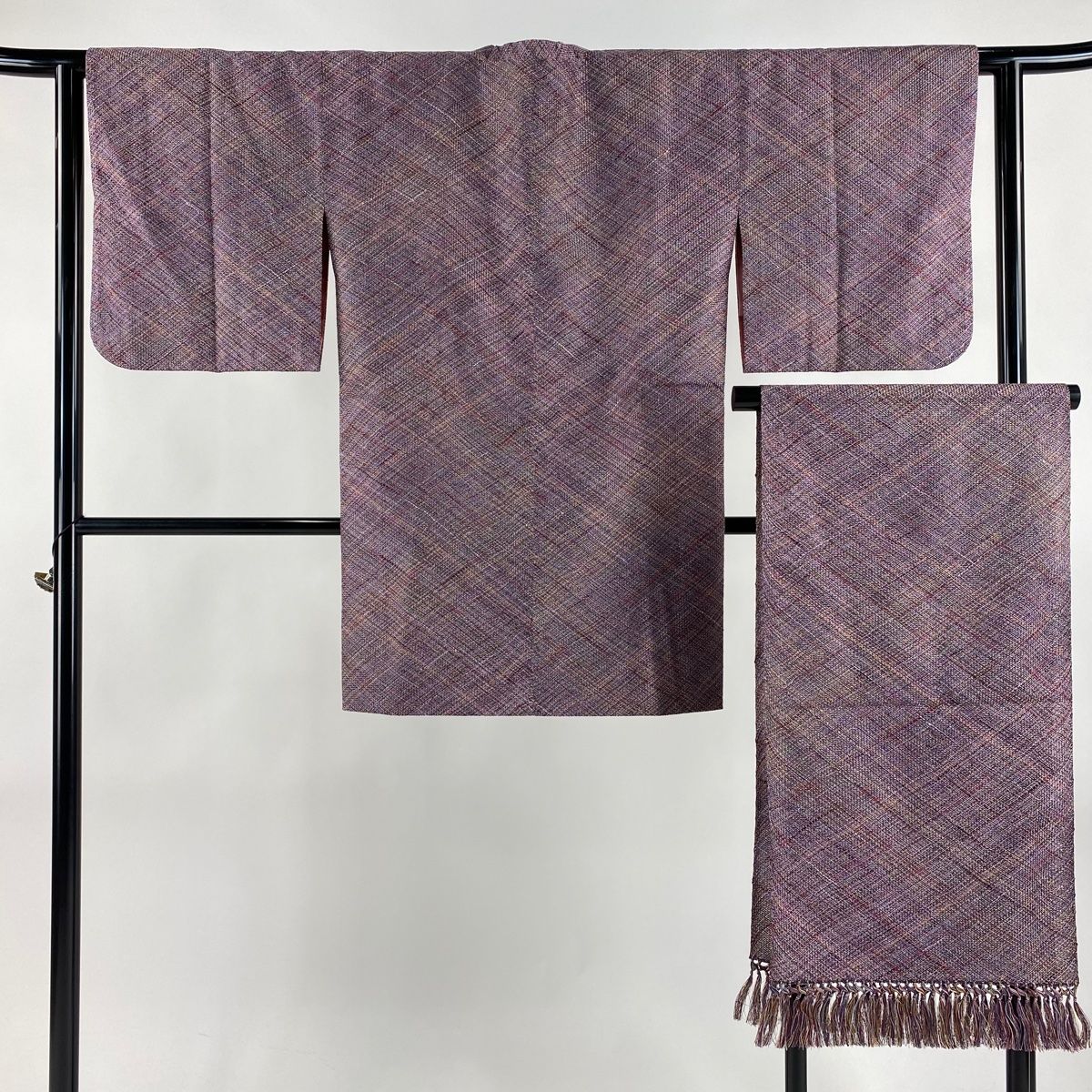 道行 身丈93.5cm 裄丈62.5cm S 和装コート 角衿 ストール付 斜め格子 紫 正絹 秀品