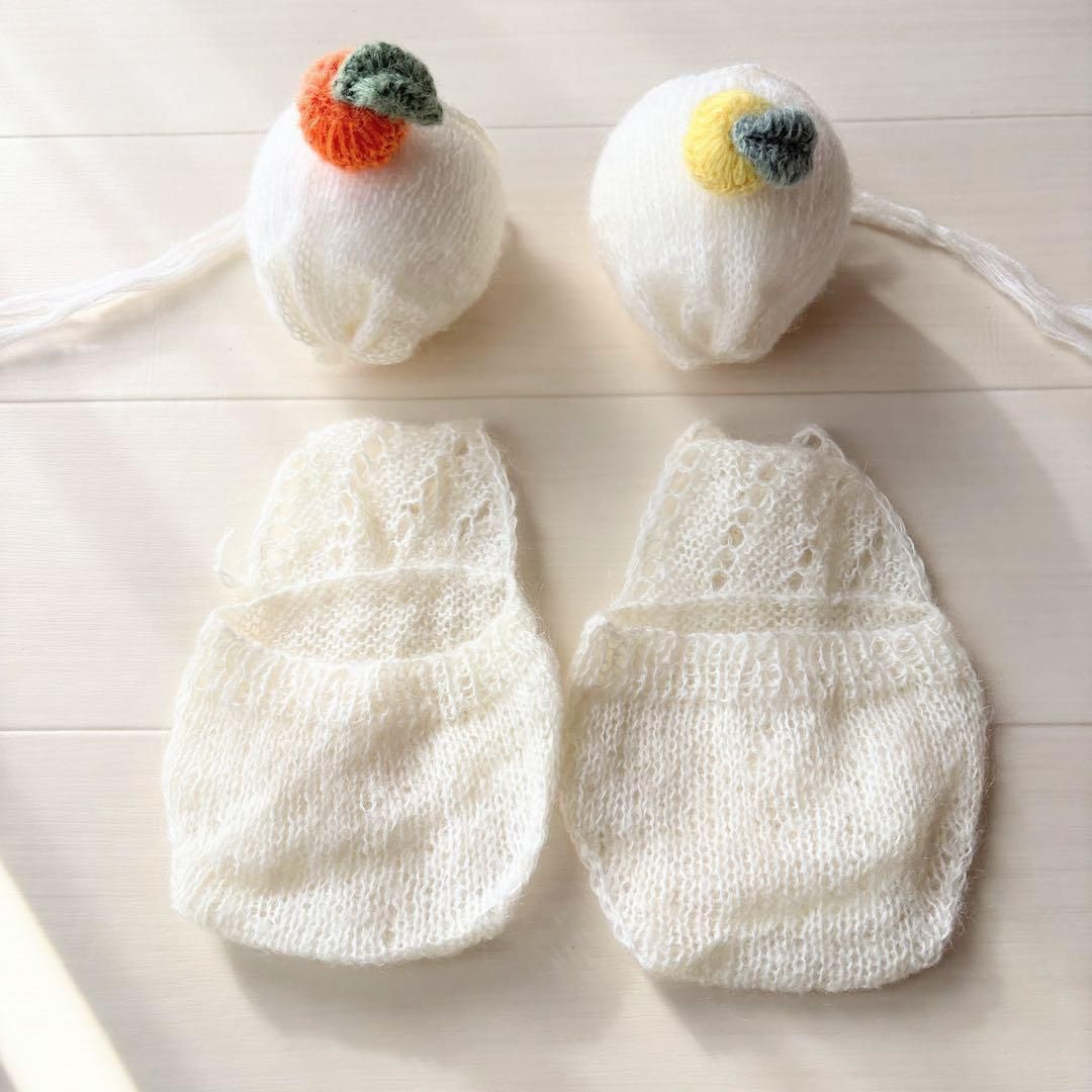 オレンジ♪鏡餅ボンネット 編み込みロンパースセット　ニューボーンフォト撮影衣装 オレンジ♪鏡餅ボンネット 編み込みロンパースセット ニューボーン