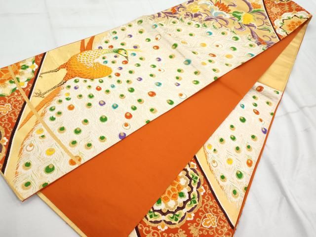 平和屋着物◎六通柄袋帯 唐織 孔雀花文 金糸 正絹 逸品
