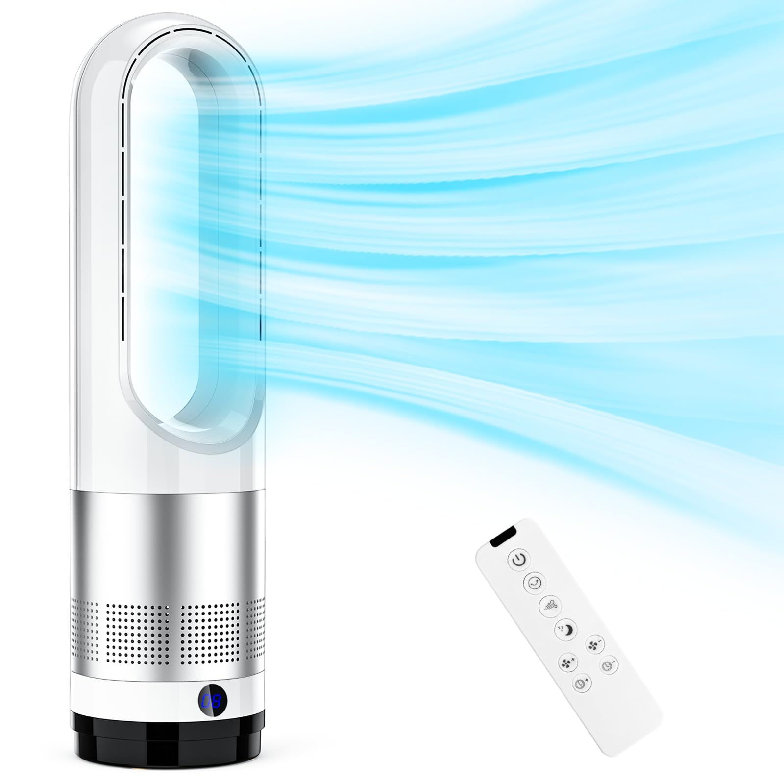 扇風機 羽根なし タワーファン 2025アップグレード 節電対策 DCモーター 省エネ 節電 8段階風量調整 微風-強風モード 100°自動首振り 9時間タイマー設定 静音 羽なし扇風機 大風量 リモコン遠隔操作 リビング扇風機 サーキュレーター スリム タワ