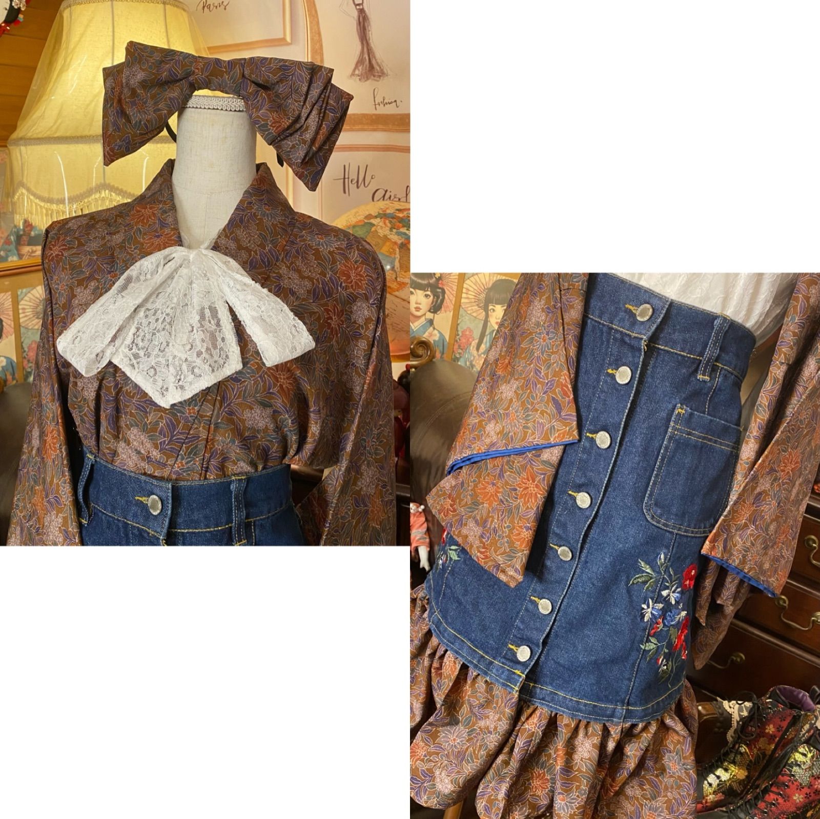 着物 リメイク セットアップ ツーピース 2部式 レトロ 古着 和  