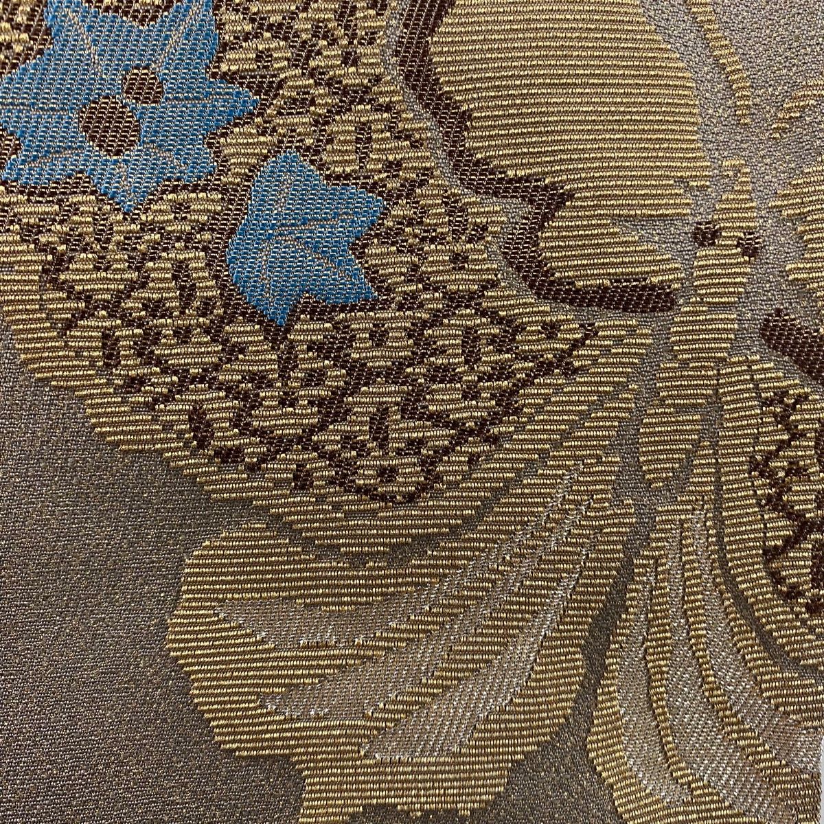 袋帯 落款 草花 蝶 金糸 輪奈織 薄茶色 六通 正絹