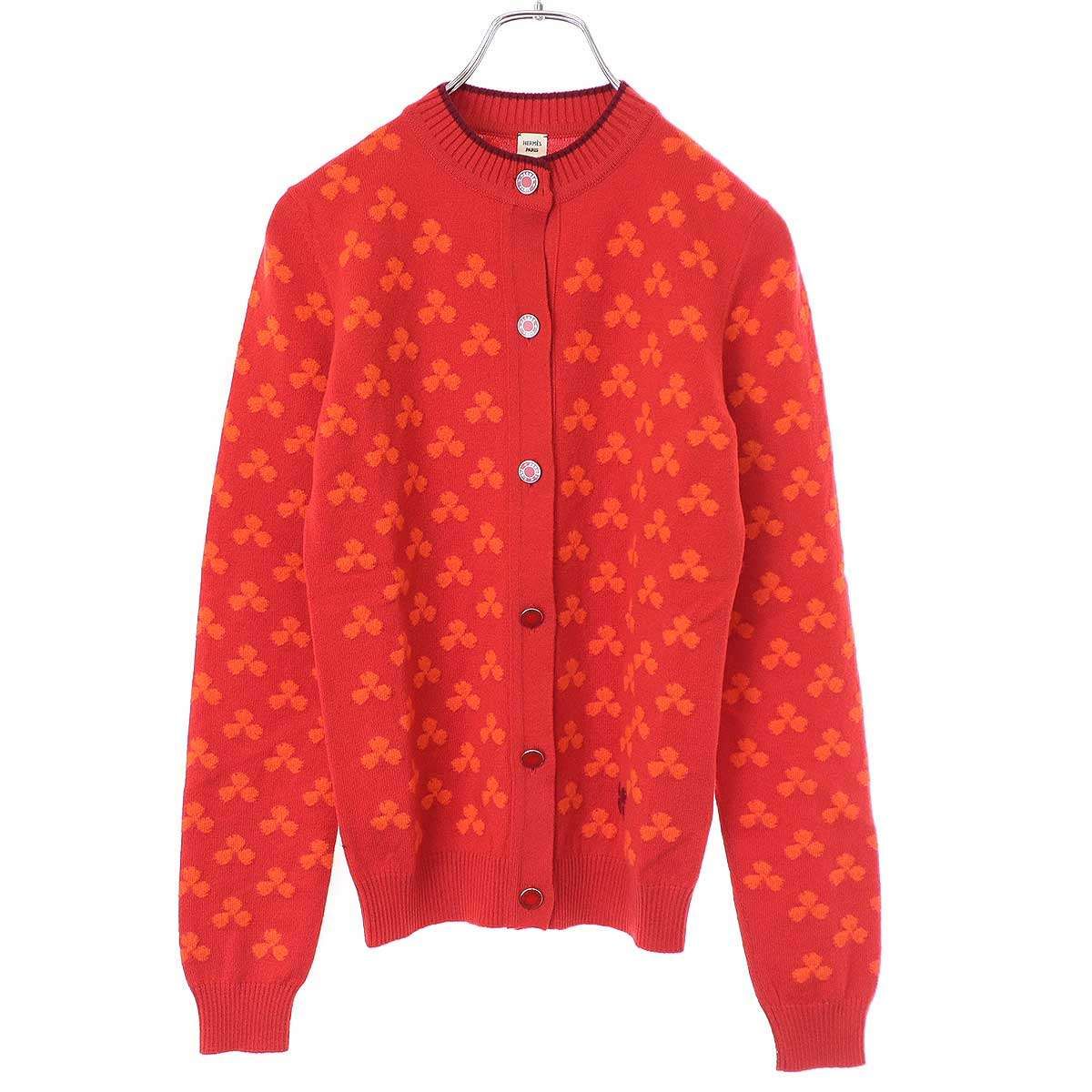 HERMES エルメス セリエボタン カシミヤクローバーカーディガン レッド 