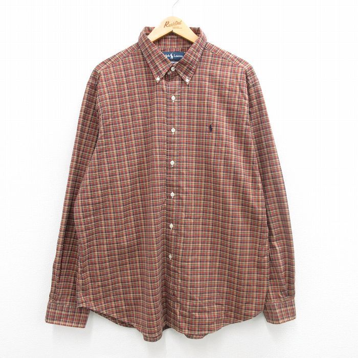 XL/古着 ラルフローレン 長袖 ブランド シャツ メンズ 90s ワンポイントロゴ 大きいサイズ コットン ボタンダウン 茶他 ブラウン チェック 