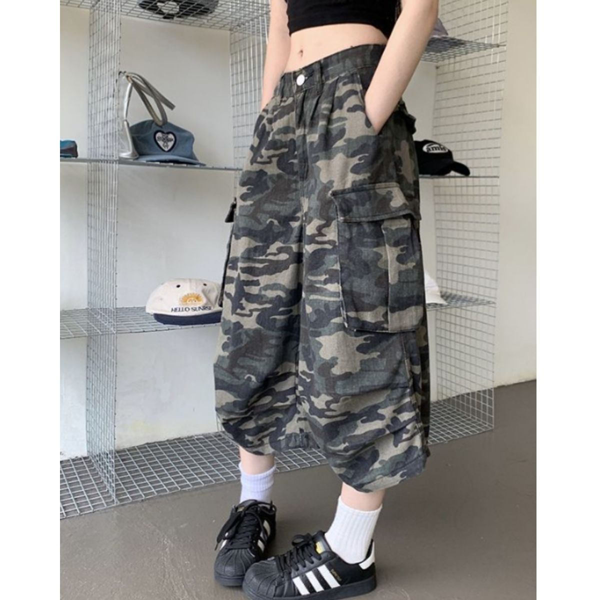 迷彩 カーゴ パンツ ミリタリー スタイル 韓国 ファッション カーゴパンツ ハーフパンツ ボトムス ワイド 迷彩 ストリート