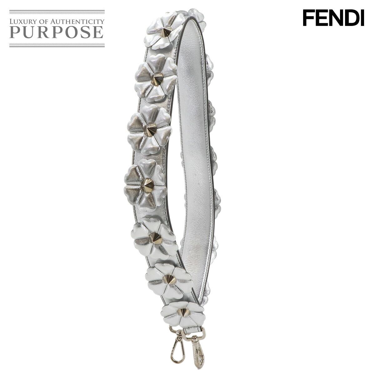 フェンディ FENDI ストラップユー ショルダー ストラップ フラワー スタッズ レザー メタリックシルバー 90279335