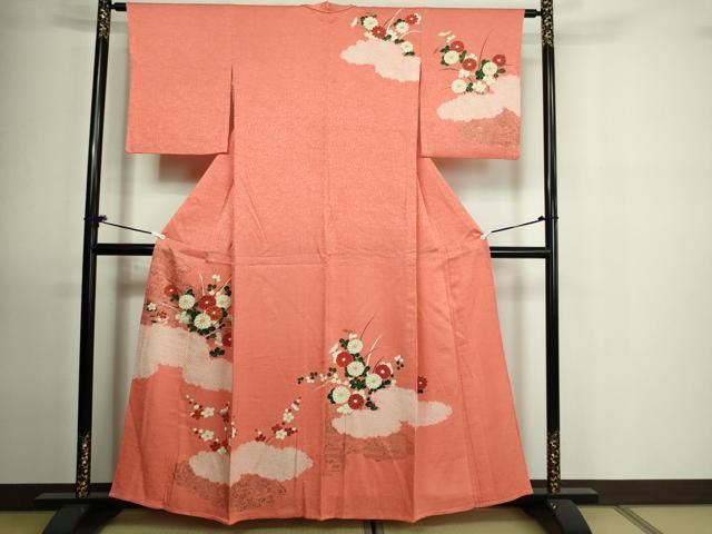 平和屋着物▽訪問着 単衣 紬地 手描き 草花文 正絹 逸品 AAAU7997fy