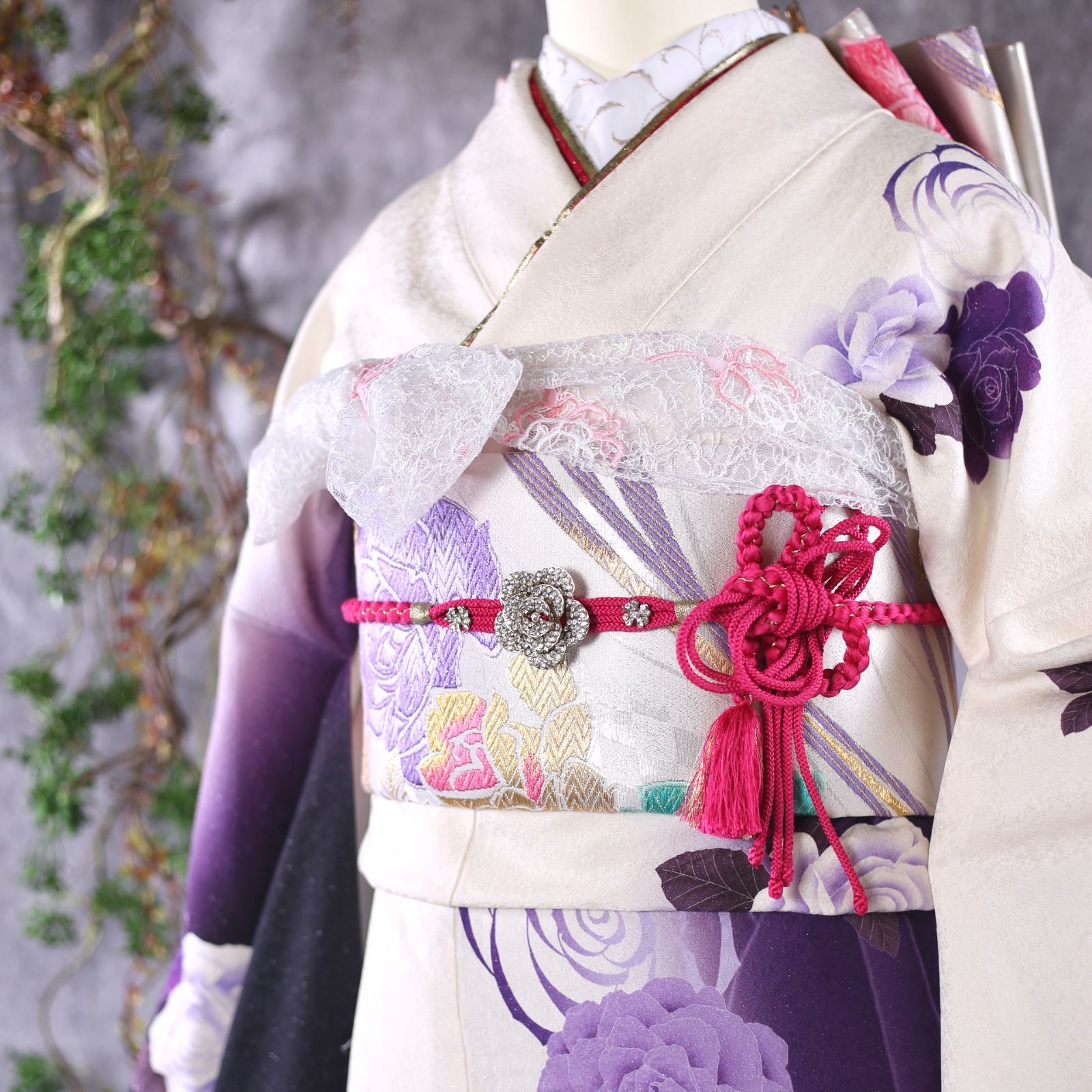 振袖フルセット 振袖セット 振袖 L～LLサイズ 白地×バラ 美品 成人式 