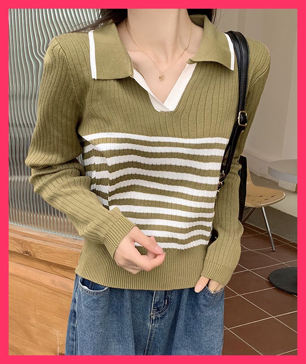ボーダー ポロ ニット トップス Vネック ルーズ 秋冬 nr6497 スタッフおすすめ！】 ポロカラーボーダーニットトップスVネック