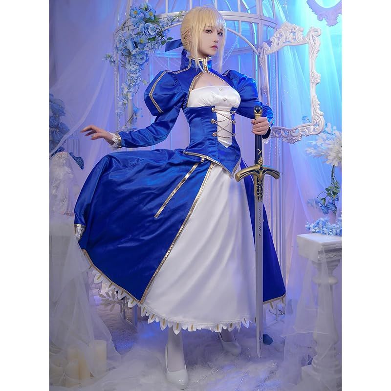 在庫 Miccostumes レディース 大人 アニメ ゲーム 騎士風 戦士風 かわいい キュート 萌え かっこいい コスチューム コスプレ コス 長袖 胸開き ドレス 上下セット 仮装 変身 変装 衣装 ブルー L