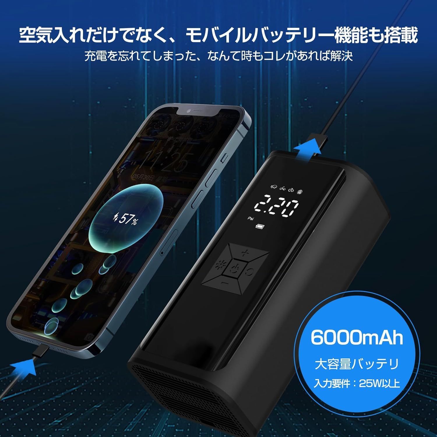 スマート空気入れ エアコンプレッサー 空気入れ 6000mAh大容量 ポータブル空気入れ 電動空気入れ バイク 車 自動停止 最大圧力150PSI