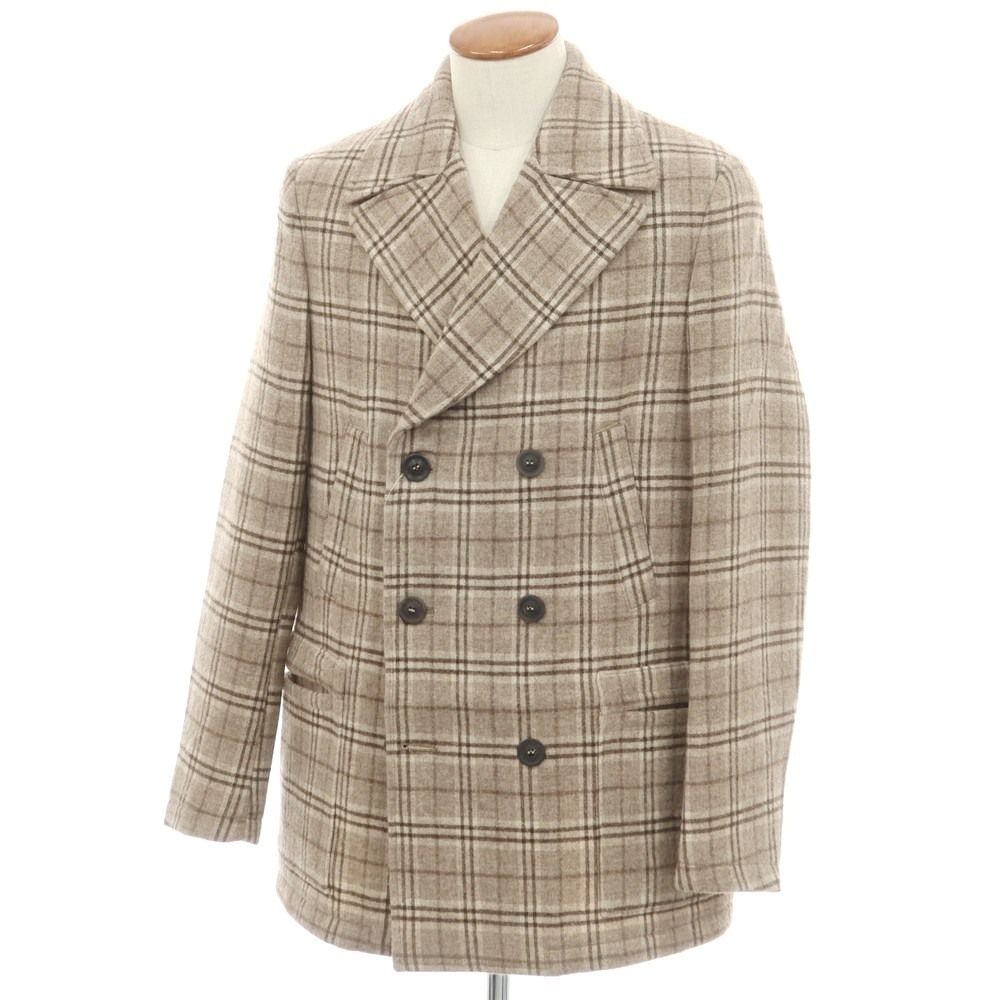 ティージャケット T-JACKET ウールカシミヤ チェック ピーコート ベージュxブラウン サイズM メンズ