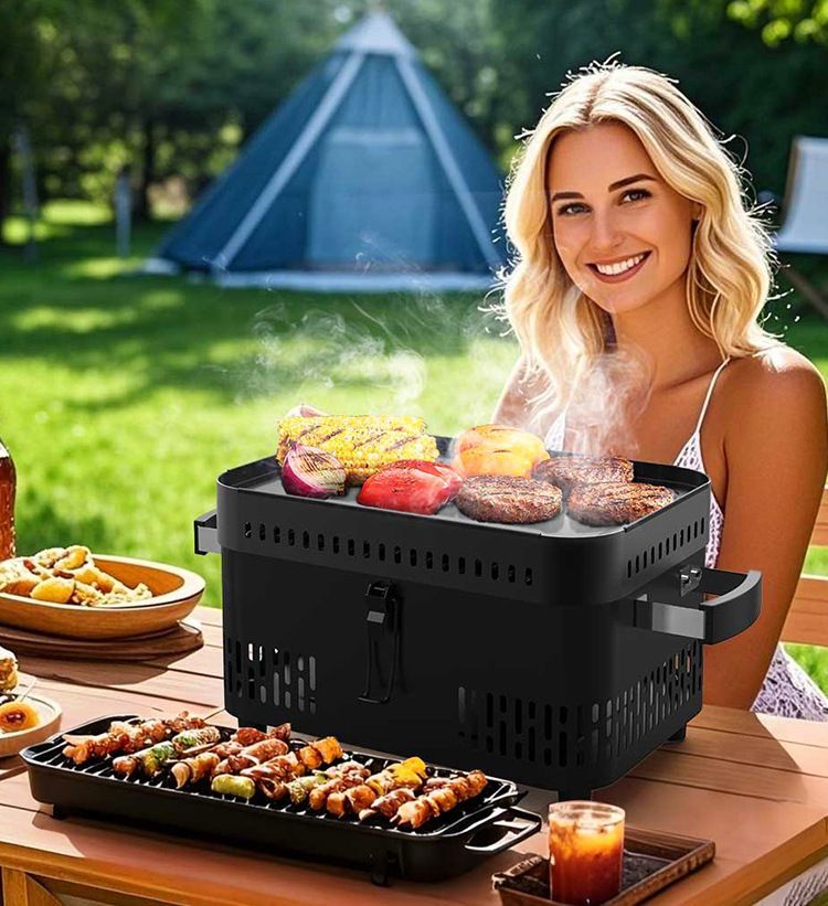 送料無料 切り板付き 2in1 煎焼き BBQ グリル ポータブルキャンプ用バーベキュー炉 屋外用 卓上バーベキューグリル 注目シリーズ ZZ520