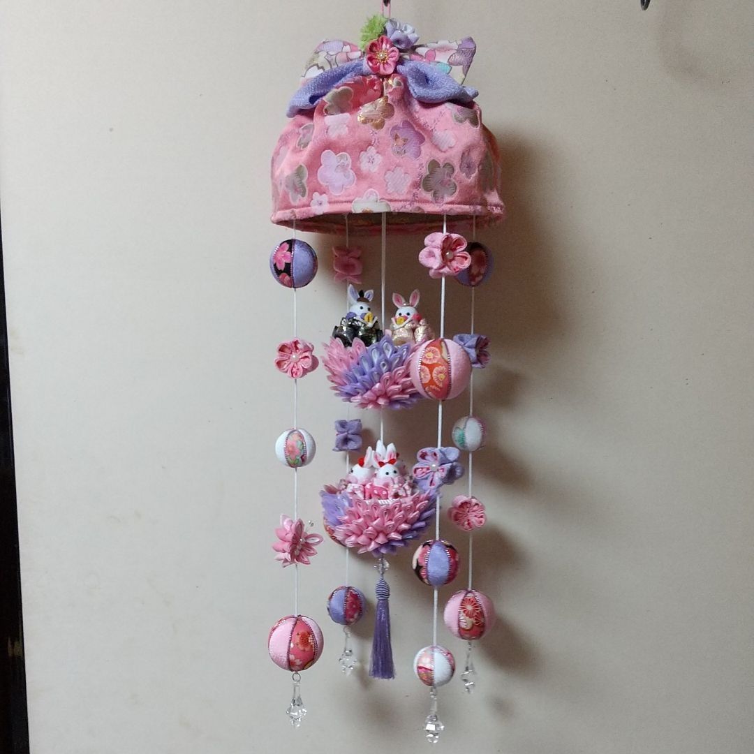 つまみ細工 うさぎの吊るし雛 出産祝い 初節句 雛人形 ピンク紫⑯-
