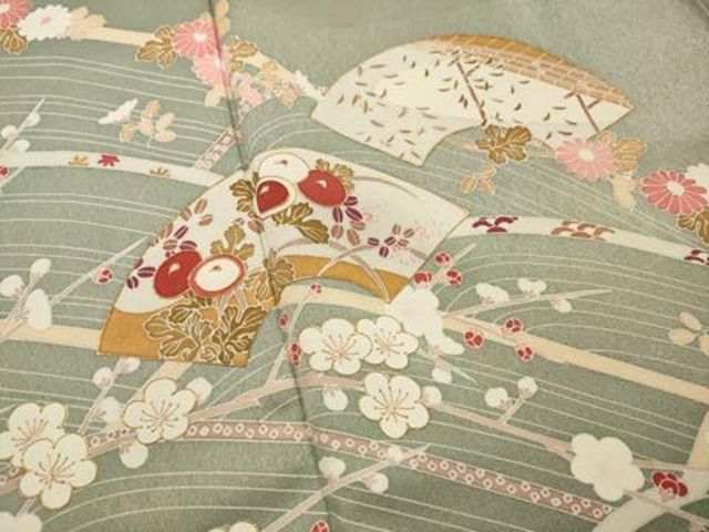 平和屋着物○訪問着 紬地 型染め 花鳥文 金彩 正絹 逸品 未