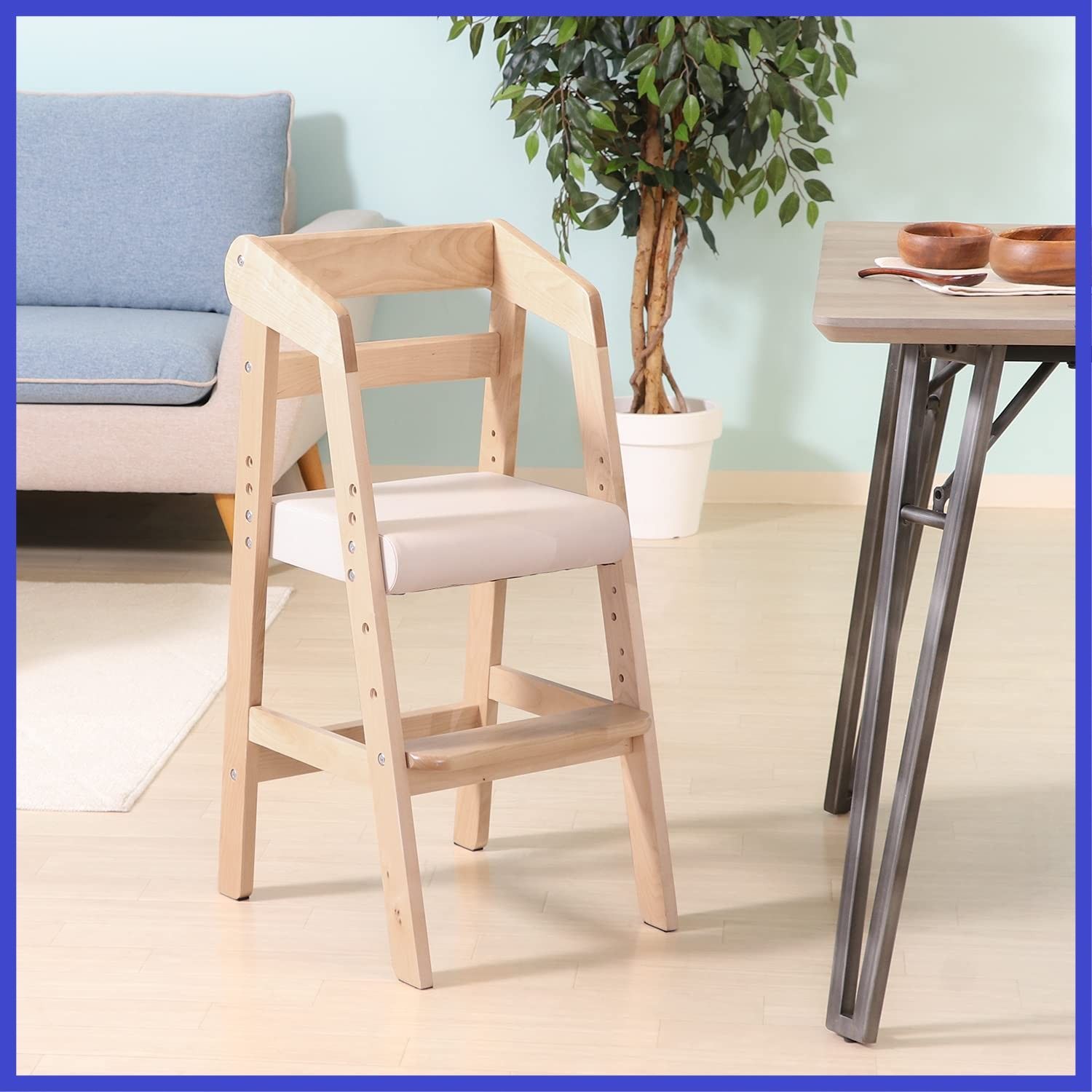 不二貿易 ベビーチェア キッズチェア 幅35×奥行41×高さ74.5cm ナチュラル 木製 3段階 高さ調整 2才 5才 ハイチェア 15387