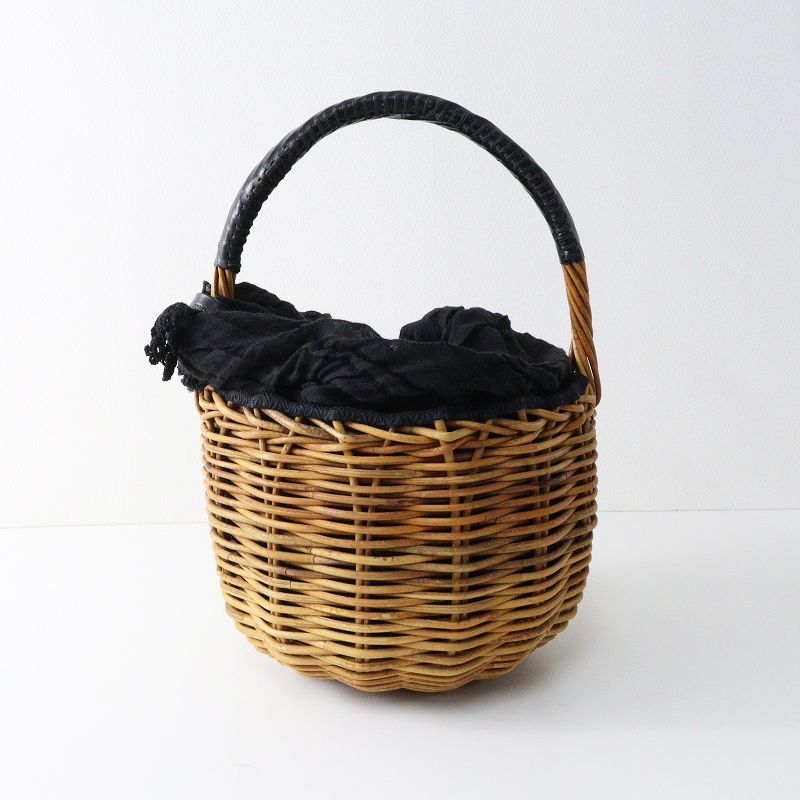 エバゴス ebagos 一本手 レザー 紅籐 かごバッグ ベージュ ブラック リネン被せ バケツ型 バスケット ナチュラル