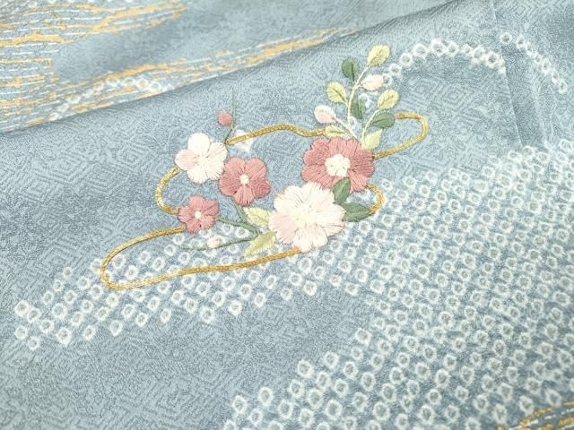 C*A様 E0802★着物淡雪★正絹　一つ紋訪問着　金彩加工　刺繍　　共八掛　濃 平和屋着物▽訪問着 駒刺繍 絞り 霞花文 金彩 正絹 逸品