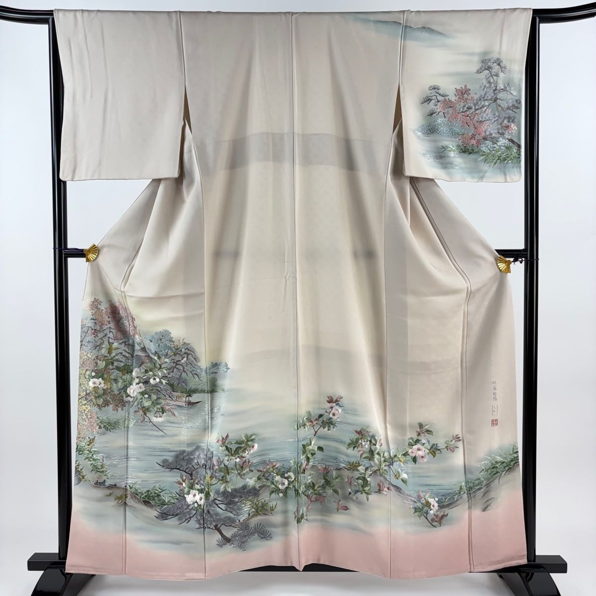 訪問着 身丈158.5cm 裄丈65cm M 袷 風景 枝花 蘇州刺繍 ぼかし 薄小豆 正絹 秀品