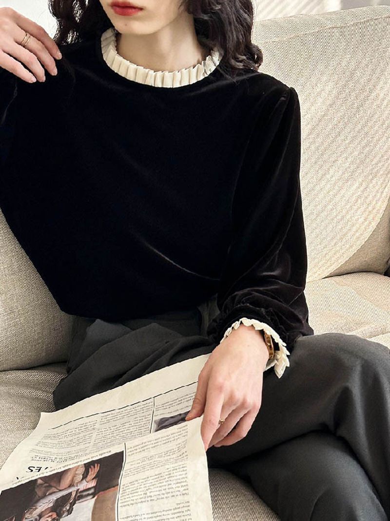 ブラウス レディース ベロア トップス 春 秋 無地 フリル襟 ブラウス 長袖 Tシャツ フリル袖 フェミニン 着回し シンプル おしゃれ 大人 カジュアル こなれ感 春 光沢感 大人可愛い オフィス フォーマル ビジネス 通勤  fengxz06