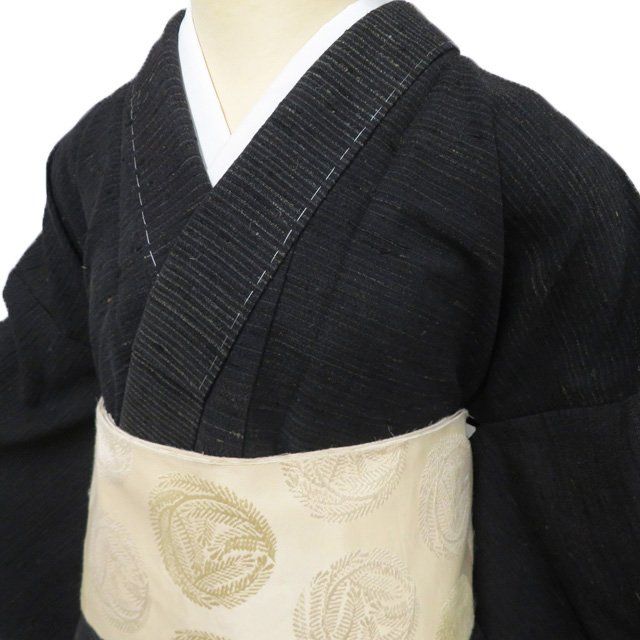 紬地 着物 未使用 正絹 袷 カジュアル 黒色 多色 身丈161cm 裄