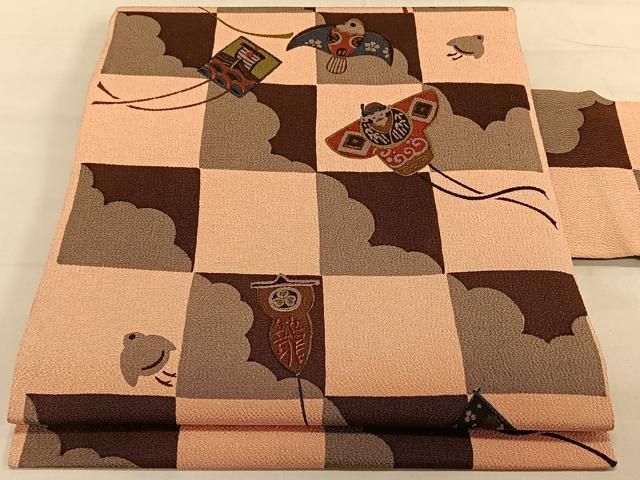 平和屋着物○九寸名古屋帯 鳥獣丸文 鬼しぼ縮緬 正絹 逸品 未