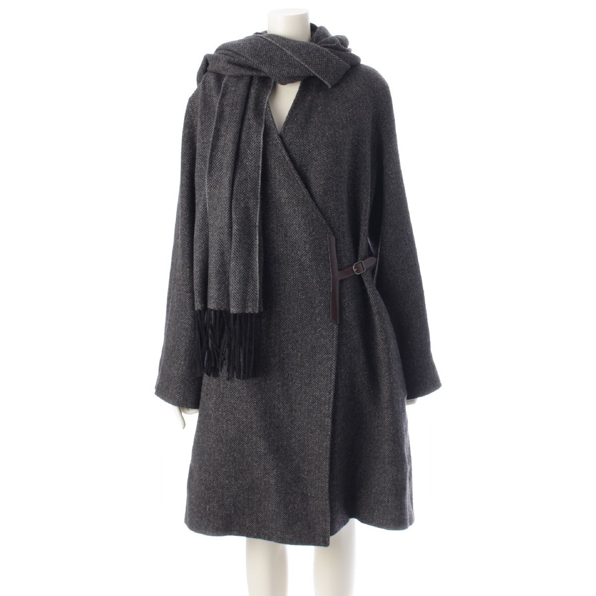 G2299 美品!! エルメス ヘリンボーン ウール×カシミヤ ダブル パンツ エルメス カシミヤ ヘリンボーン柄 ノーカラー ロング コート H