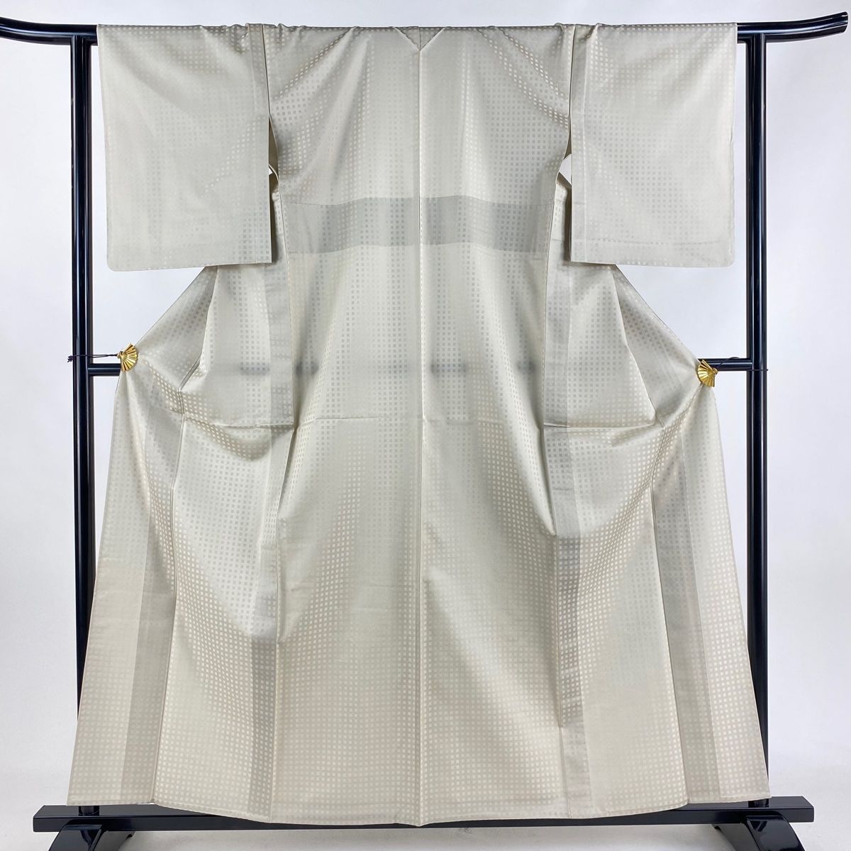 お召 身丈158cm 裄丈62.5cm S 単衣 格子 ベージュ 正絹
