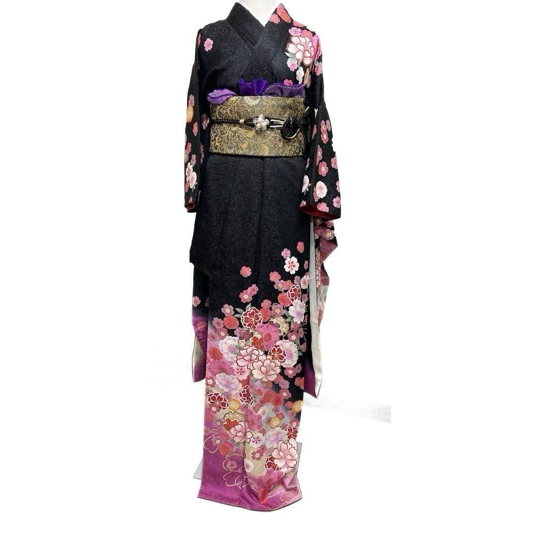 銀通し 金駒刺繍 金彩 牡丹 桜花 振袖 成人式 晴れの日 着物