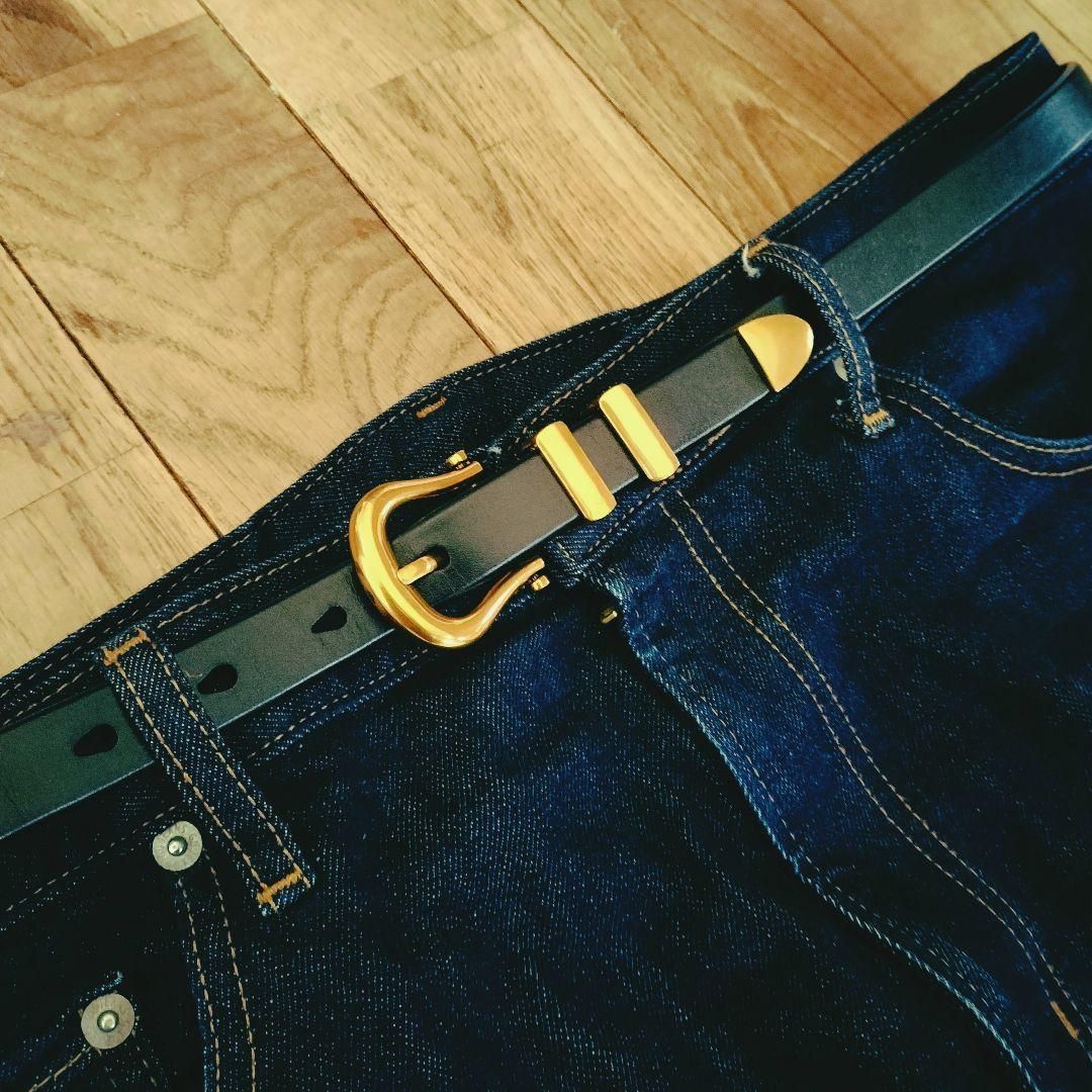 ゴールド ウエスタン ナロー ベルト 牛革 黒 アンティーク調